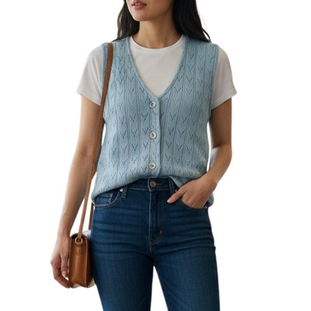 Vintage Blue Sweater Vest Womens Sz Small 80s Soft Girl Baby Pastel Chevron Knit